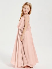 Abiti Damigella Junior Lunghi In Chiffon Spalline Sottili Con Fiocco Rosa Perlato
