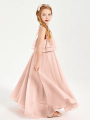 Abiti Damigella Junior Lunghi In Chiffon Spalline Sottili Con Fiocco Rosa Perlato
