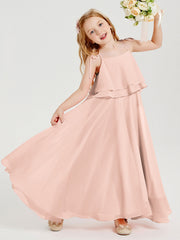 Abiti Damigella Junior Lunghi In Chiffon Spalline Sottili Con Fiocco Rosa Perlato