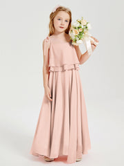 Abiti Damigella Junior Lunghi In Chiffon Spalline Sottili Con Fiocco Rosa Perlato