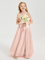 Abiti Damigella Junior Lunghi In Chiffon Spalline Sottili Con Fiocco Rosa Perlato