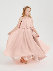 Abiti Damigella Junior Lunghi In Chiffon Spalline Sottili Con Fiocco Rosa Perlato