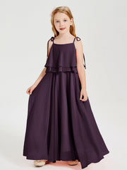 Abiti Damigella Junior Lunghi In Chiffon Spalline Sottili Con Fiocco Prugna