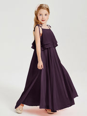 Abiti Damigella Junior Lunghi In Chiffon Spalline Sottili Con Fiocco Prugna