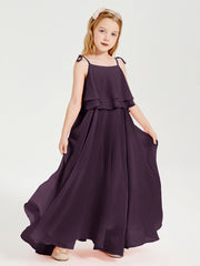 Abiti Damigella Junior Lunghi In Chiffon Spalline Sottili Con Fiocco Prugna