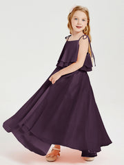 Abiti Damigella Junior Lunghi In Chiffon Spalline Sottili Con Fiocco Prugna