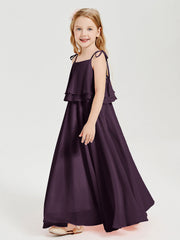 Abiti Damigella Junior Lunghi In Chiffon Spalline Sottili Con Fiocco Prugna