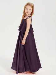 Abiti Damigella Junior Lunghi In Chiffon Spalline Sottili Con Fiocco Prugna