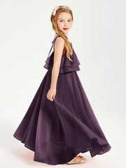 Abiti Damigella Junior Lunghi In Chiffon Spalline Sottili Con Fiocco Prugna