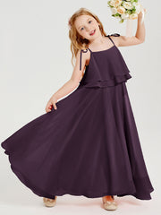 Abiti Damigella Junior Lunghi In Chiffon Spalline Sottili Con Fiocco Prugna