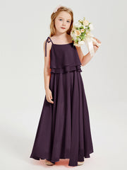 Abiti Damigella Junior Lunghi In Chiffon Spalline Sottili Con Fiocco Prugna