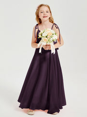 Abiti Damigella Junior Lunghi In Chiffon Spalline Sottili Con Fiocco Prugna