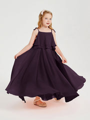 Abiti Damigella Junior Lunghi In Chiffon Spalline Sottili Con Fiocco Prugna