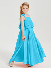 Abiti Damigella Junior Lunghi In Chiffon Spalline Sottili Con Fiocco Blu Piscina