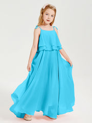 Abiti Damigella Junior Lunghi In Chiffon Spalline Sottili Con Fiocco Blu Piscina