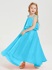 Abiti Damigella Junior Lunghi In Chiffon Spalline Sottili Con Fiocco Blu Piscina