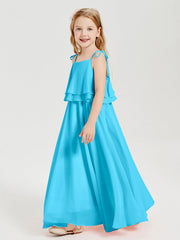 Abiti Damigella Junior Lunghi In Chiffon Spalline Sottili Con Fiocco Blu Piscina