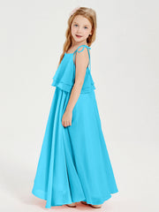Abiti Damigella Junior Lunghi In Chiffon Spalline Sottili Con Fiocco Blu Piscina