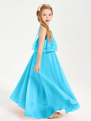 Abiti Damigella Junior Lunghi In Chiffon Spalline Sottili Con Fiocco Blu Piscina