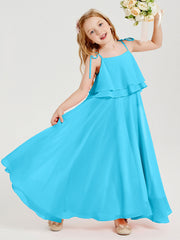 Abiti Damigella Junior Lunghi In Chiffon Spalline Sottili Con Fiocco Blu Piscina