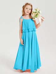 Abiti Damigella Junior Lunghi In Chiffon Spalline Sottili Con Fiocco Blu Piscina