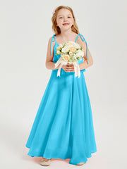 Abiti Damigella Junior Lunghi In Chiffon Spalline Sottili Con Fiocco Blu Piscina