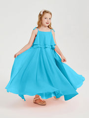 Abiti Damigella Junior Lunghi In Chiffon Spalline Sottili Con Fiocco Blu Piscina
