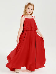 Abiti Damigella Junior Lunghi In Chiffon Spalline Sottili Con Fiocco Rosso