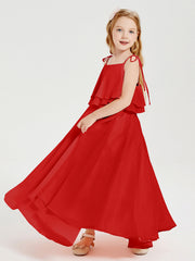 Abiti Damigella Junior Lunghi In Chiffon Spalline Sottili Con Fiocco Rosso