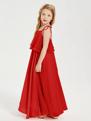Abiti Damigella Junior Lunghi In Chiffon Spalline Sottili Con Fiocco Rosso