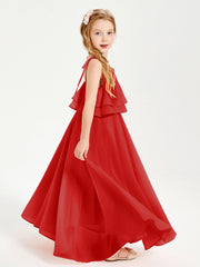 Abiti Damigella Junior Lunghi In Chiffon Spalline Sottili Con Fiocco Rosso