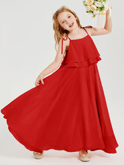 Abiti Damigella Junior Lunghi In Chiffon Spalline Sottili Con Fiocco Rosso