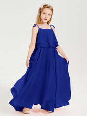 Abiti Damigella Junior Lunghi In Chiffon Spalline Sottili Con Fiocco Blu Royal