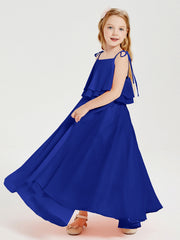 Abiti Damigella Junior Lunghi In Chiffon Spalline Sottili Con Fiocco Blu Royal