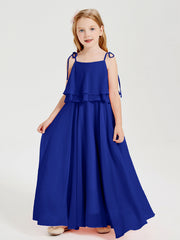 Abiti Damigella Junior Lunghi In Chiffon Spalline Sottili Con Fiocco Blu Royal