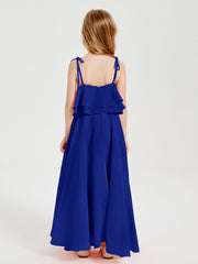 Abiti Damigella Junior Lunghi In Chiffon Spalline Sottili Con Fiocco Blu Royal