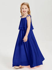 Abiti Damigella Junior Lunghi In Chiffon Spalline Sottili Con Fiocco Blu Royal