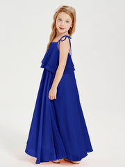 Abiti Damigella Junior Lunghi In Chiffon Spalline Sottili Con Fiocco Blu Royal