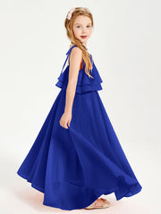 Abiti Damigella Junior Lunghi In Chiffon Spalline Sottili Con Fiocco Blu Royal