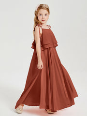 Abiti Damigella Junior Lunghi In Chiffon Spalline Sottili Con Fiocco Ruggine
