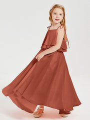 Abiti Damigella Junior Lunghi In Chiffon Spalline Sottili Con Fiocco Ruggine