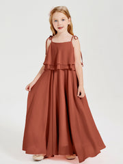 Abiti Damigella Junior Lunghi In Chiffon Spalline Sottili Con Fiocco Ruggine