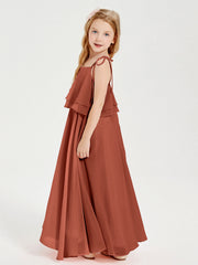 Abiti Damigella Junior Lunghi In Chiffon Spalline Sottili Con Fiocco Ruggine
