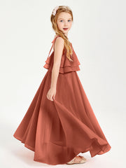 Abiti Damigella Junior Lunghi In Chiffon Spalline Sottili Con Fiocco Ruggine