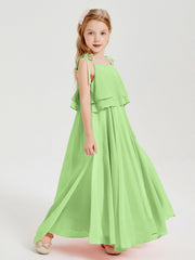 Abiti Damigella Junior Lunghi In Chiffon Spalline Sottili Con Fiocco Salvia