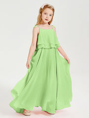 Abiti Damigella Junior Lunghi In Chiffon Spalline Sottili Con Fiocco Salvia