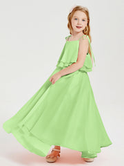 Abiti Damigella Junior Lunghi In Chiffon Spalline Sottili Con Fiocco Salvia