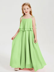 Abiti Damigella Junior Lunghi In Chiffon Spalline Sottili Con Fiocco Salvia