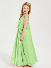 Abiti Damigella Junior Lunghi In Chiffon Spalline Sottili Con Fiocco Salvia