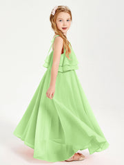 Abiti Damigella Junior Lunghi In Chiffon Spalline Sottili Con Fiocco Salvia